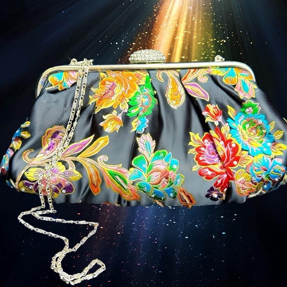 BLACK SATIN BRIGHT FLORAL SEQUINED EVENING BAG/ CLUTCH  -M- 🖤👛🌺 - Picture 1 of 10